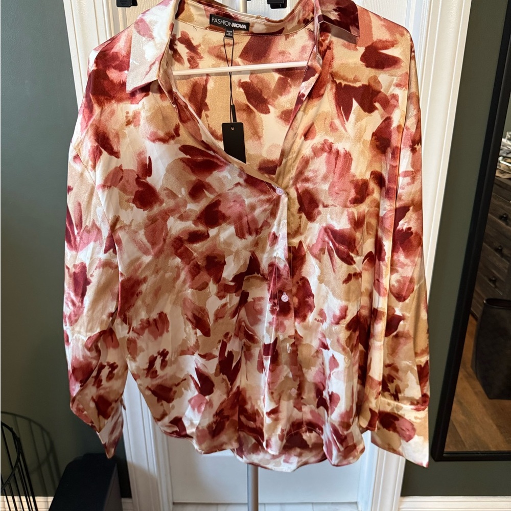 Fashion Nova Red and Cream Floral Button Down Shirt